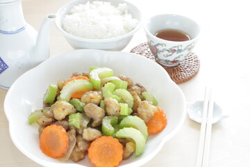 Chinese food, chicken soft bone and celery stir fried carrot