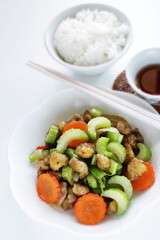 Chinese food, chicken soft bone and celery stir fried carrot