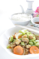 Chinese food, chicken soft bone and celery stir fried carrot