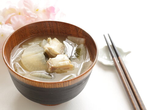 Japanese food, cod fish and radish Miso soup for healthy food image