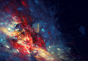 Abstract fractal art background of scattered shapes and line in primary colors, with copy space.