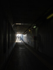 Fototapeta na wymiar In the pitch-dark, long, eerie tunnel, see a bright exit on the other side.