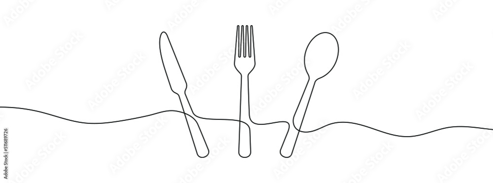 Canvas Prints spoon, fork and knife linear icon. hand drawn background. one continuous line drawing background. ve
