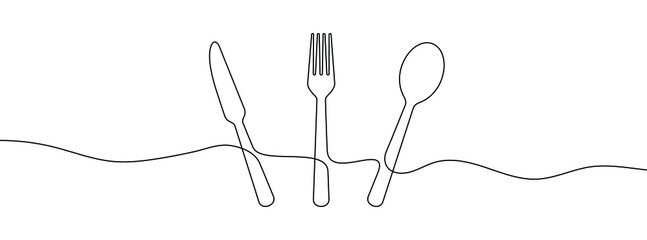 Spoon, fork and knife linear icon. Hand drawn background. One continuous line drawing background. Vector illustration. - obrazy, fototapety, plakaty