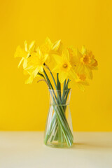 Daffodils flowers standing in a transparent vase against yellow wall. Beautiful yellow spring background