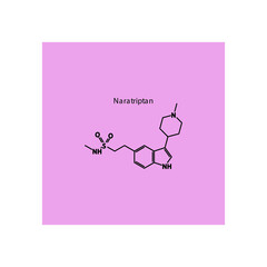 Naratriptan molecule flat skeletal structure, Triptan class drug used to treat migraine. pink background Vector illustration.