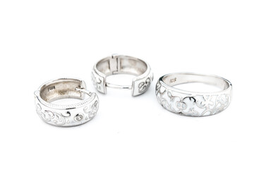 Silver jewels collection with crystals in minimalism style. Silver set of earrings and silver necklace