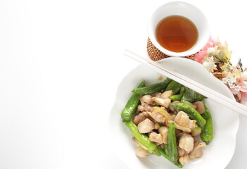Chinese food, Japanese green pepper and chicken stir fried 