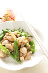 Chinese food, Japanese green pepper and chicken stir fried 