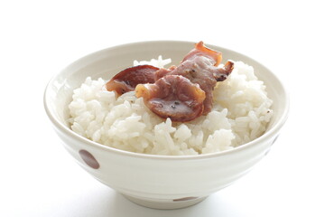Canned food, chicken gizzards and rice with copy space