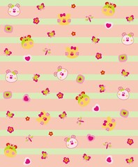 Print background with Pet faces, hearts, butterflies, striped background,