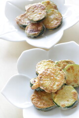 Korean food, fried zucchini slices on dish for comfort food image