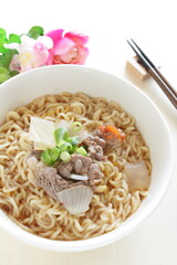 Asian food, beef and vegetable Ramen noodles 