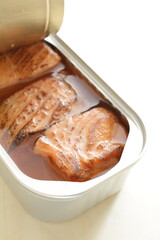 Canned food, grilled salmon fillet with copy space 