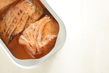 Canned food, grilled salmon fillet with copy space 