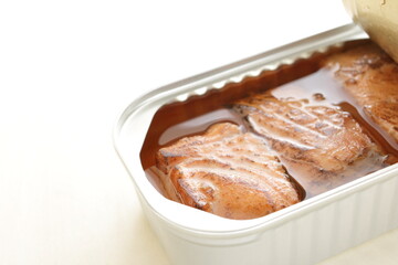 Canned food, grilled salmon fillet with copy space 