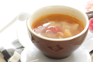 Homemade minestrone soup, in cup for healthy breakfast