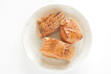 Canned food, grilled salmon on dish for emergency food image