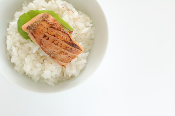 Grilled salmon fish fillet on rice with copy space