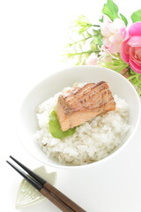 Grilled salmon fish fillet on rice with copy space