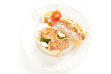 Homemade canned salmon fillet and French bread sandwiches