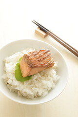 Grilled salmon fish fillet on rice with copy space