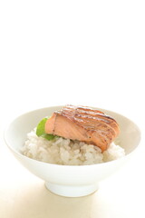 Grilled salmon fish fillet on rice with copy space