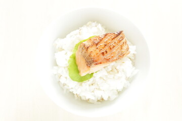 Grilled salmon fish fillet on rice with copy space