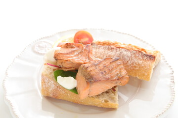 Homemade canned salmon fillet and French bread sandwiches