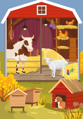 Obraz premium Farm animals in barn and dog lies