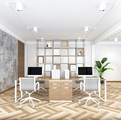 Industrial minimalist style office room with wood desk, wood floor and concrete wall. 3d rendering