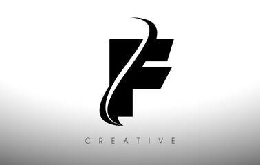 F Swoosh Letter Cut Logo Design with Black Swoosh and Creative Icon Logo Vector Illustration