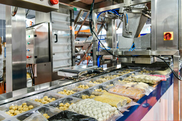 Automatic meatballs, pork, slices fresh meat, food production line on conveyor belt equipment...