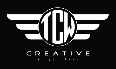 TCW three letter circle with wings logo design vector template. wordmark logo | emblem logo | monogram logo | initial letter logo | typography logo | business logo | minimalist logo | 