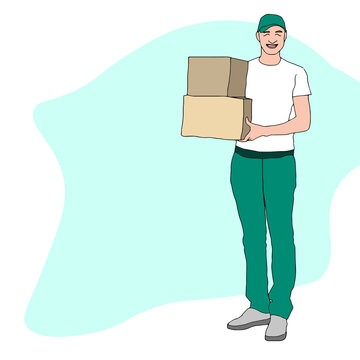 Delivery man, courier with parcel. Vector illustration, flat design