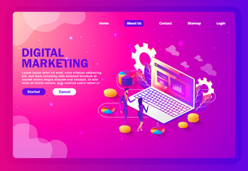 Digital Marketing Landing Page. Isometric Design Concept Digital Marketing 