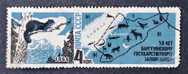 Cancelled postage stamp printed by Soviet Union, that shows Sable (Martes zibellina), Map of Lake...