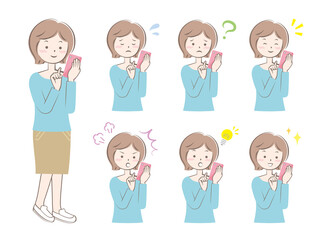 スマホを操作する様々な表情の女性　全身　上半身　バリエーション