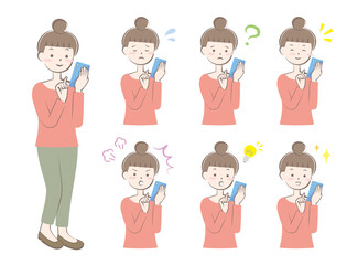 スマホを操作する様々な表情の女性　全身　上半身　バリエーション