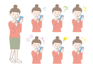 スマホを操作する様々な表情の女性　全身　上半身　バリエーション