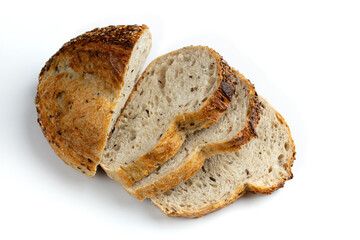 fresh sliced homemade bread isolated on white background, top view