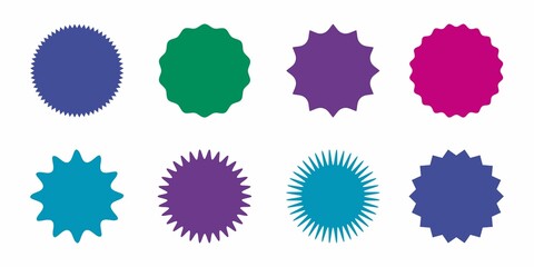 colorful abstract shape circle badges set,radial geometric sunburst template,vector illustration