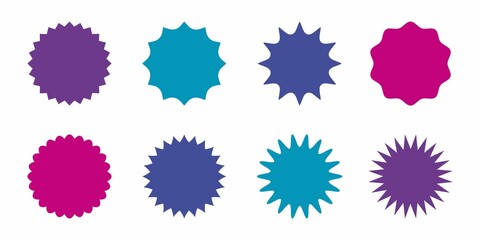 colorful abstract shape circle badges set,radial geometric sunburst template,vector illustration