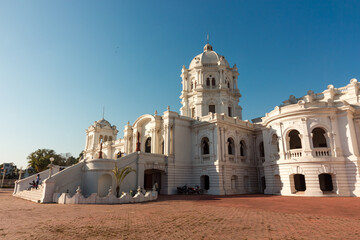 The exterior facade of the ancient Ujjayanta Palace in the town of Agartala in Tripura in Northeast India.