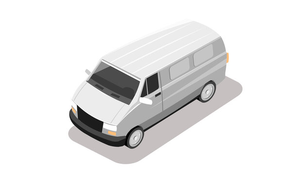 Car isometric van. Vehicle white color. Minivan type model collection. Design element for road city, urban, street. 3d automobile with shadow isolated on white background. Flat vector illustration