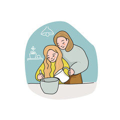 Family. Mother and daughter cook food at home together. The concept of parenting. Vector illustration