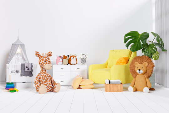 A white nursery room with sofa, cot and stuffed toys, 3d rendered illustration.
