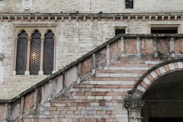 Fototapeta na wymiar Palazzo dei Priori Building Exterior Detail with Stairs in Perugia, Umbria, Italy