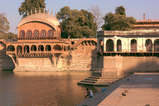 The ghats by a lake at the ancient royal palace of Deeg near Bharatpur.