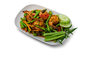 Stir-fried Stink Bean and Prawn on a white background,with clipping path